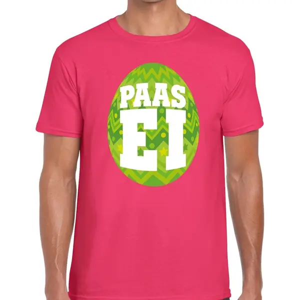 Bellatio Decorations Roze Paas T-shirt Met Groen Paasei - Pasen Shirt Voor Heren - Pasen Kleding S thumbnail