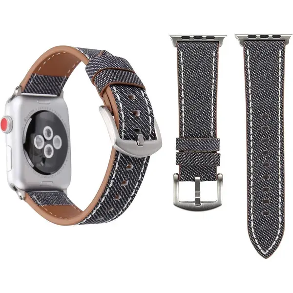 By Qubix Denim Pattern Echt Leren Bandje - Grijs - Geschikt Voor Apple Watch 44 Mm - 45 Mm - 46 Mm - 49 Mm (Ultra 1, 2 En 3) - Compatible Apple Watch thumbnail