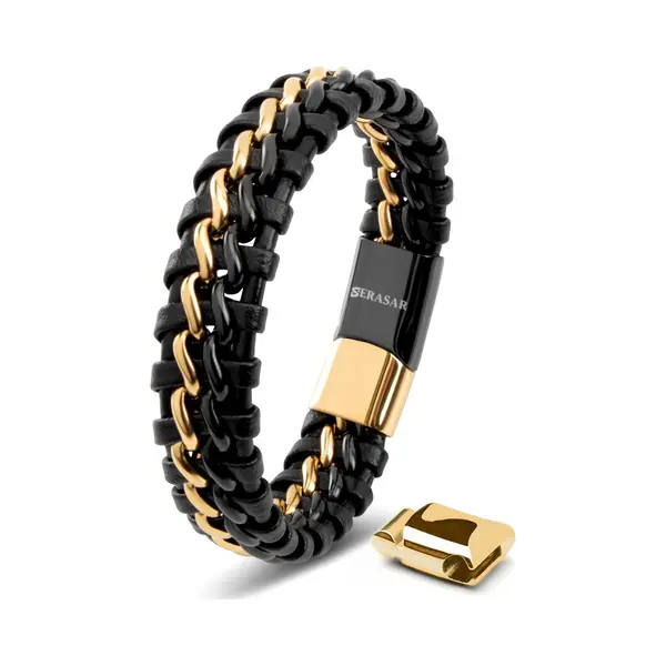 Serasar Bracelets For Men 20cm Gold GiftBox Genuine Leather Cowhide Braided AdjustAble Magnetic Clasp MultiLayer Jewellery Rope Mans Male Mens Band thumbnail