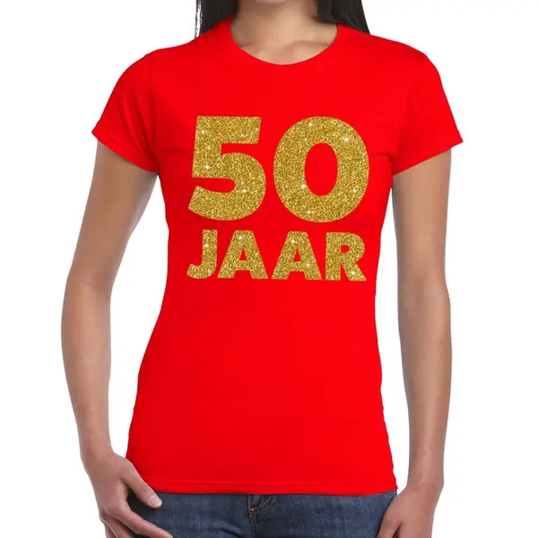 Bellatio Decorations 50 Jaar Verjaardag T-shirt - Rood - Voor Dames - Gouden Glitter Print - Jubileum S thumbnail