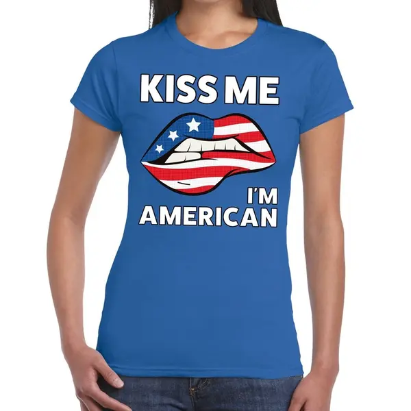 Bellatio Decorations Kiss Me I Am American T-shirt Blauw Dames - Feest Shirts Dames - Usa Kleding S thumbnail