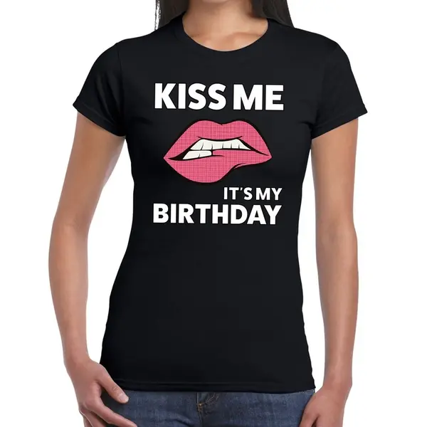 Bellatio Decorations Kiss Me It Is My Birthday T-shirt Zwart Dames - Feest Shirts Dames Xl thumbnail