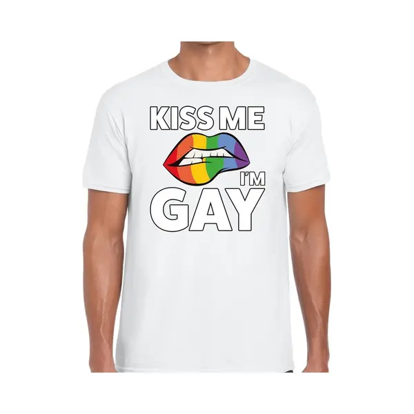 Bellatio Decorations Kiss Me I Am Gay T-shirt - Wit - Voor Heren - Gay Pride Kleding - Katoen - Korte Mouwen L thumbnail