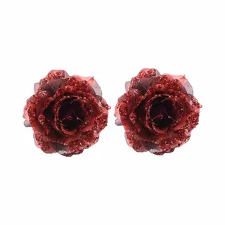 Bellatio Decorations 2x Kerstboom Decoratie Roos Rood 14 Cm - Kerstversiering Rode Glitter Rozen 2 Stuks