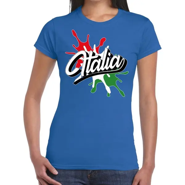 Bellatio Decorations Landen T-shirt - Italia - Italie - Spetter Print - Blauw - Voor Dames - Supporters Kleding S thumbnail
