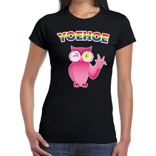 Bellatio Decorations Yoehoe Gay Pride Knipogende Roze Uil T-shirt Zwart Met Regenboog Tekst Voor Dames - Gay Pride/Lgbt Kleding Xl thumbnail