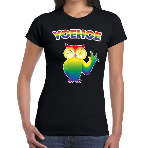 Bellatio Decorations Yoehoe Gay Pride T-shirt Zwart Met Regenboog Tekst En Knipogende Uil Voor Dames - Gay Pride/Lgbt Kleding Xl thumbnail