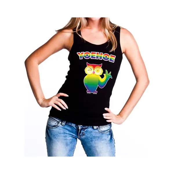 Bellatio Decorations Yoehoe Gay Pride Tanktop/mouwloos Shirt Zwart Met Regenboog Tekst En Knipogende Uil Voor Dames - Gay Pride/Lgbt Kleding S thumbnail