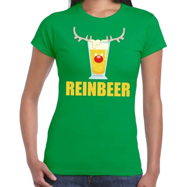 Bellatio Decorations Foute Kersttrui T-shirt - Reinbeer - Groen - Voor Dames - Drank Thema - Korte Mouwen Xxl thumbnail