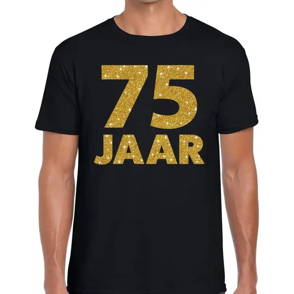 Bellatio Decorations 75 Jaar Goud Glitter Verjaardag T-shirt Zwart Heren - Verjaardag / Jubileum Shirts S thumbnail
