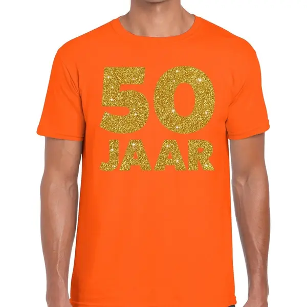 Bellatio Decorations 50 Jaar Verjaardag - Gouden Glitters Tekst - T-shirt - Oranje - Heren - Korte Mouwen - Abraham Pop Kleding L thumbnail