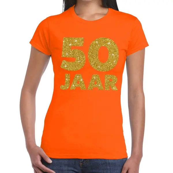 Bellatio Decorations 50 Jaar Verjaardag T-shirt - Oranje - Voor Dames - Gouden Glitter Print - Jubileum Xs thumbnail