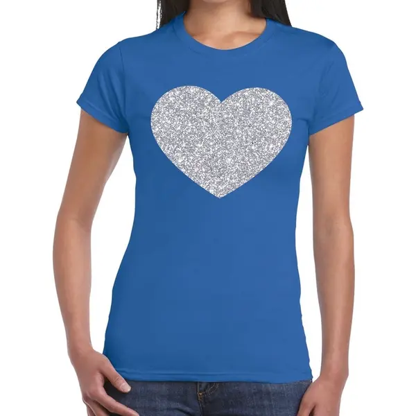 Bellatio Decorations Feestkleding Verkleedkleding T-shirt - Met Zilveren Hartje - Blauw - Voor Dames - Glitter And Glamour Xl thumbnail