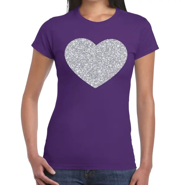 Bellatio Decorations Feestkleding Verkleedkleding T-shirt - Met Zilveren Hartje - Paars - Voor Dames - Glitter And Glamour M thumbnail