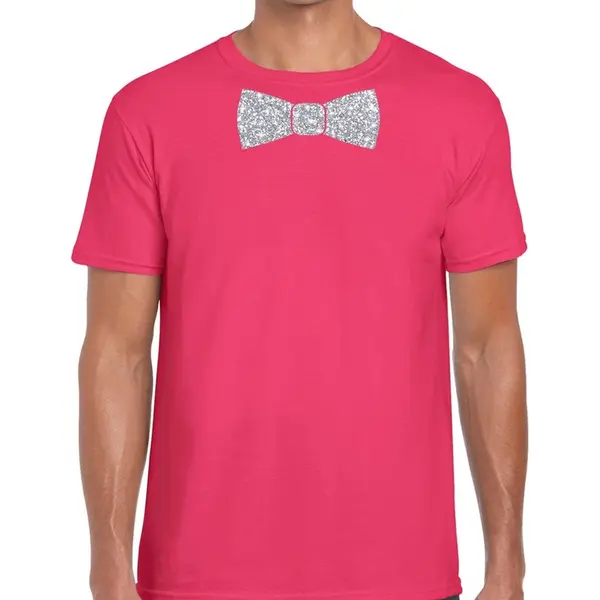 Bellatio Decorations Roze Fun T-shirt Met Vlinderdas In Glitter Zilver Heren - Shirt Met Strikje S thumbnail