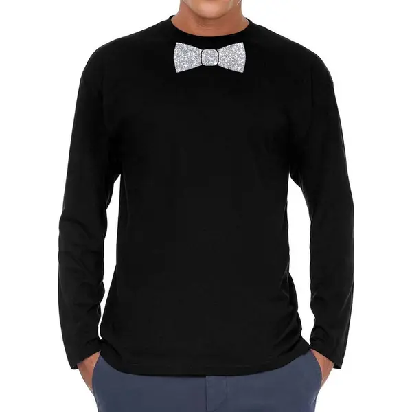 Bellatio Decorations Zwart Long Sleeve T-shirt Met Vlinderdas In Glitter Zilver Heren - Zwart Shirt Met Lange Mouwen En Zilveren Strik Das Voor Heren Xxl thumbnail