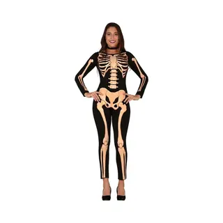 Fiestas Guirca Zwart/oranje Skelet Verkleed Kostuum Voor Dames - Geraamte/botten Print - Halloween/horror Verkleedkleding M/L