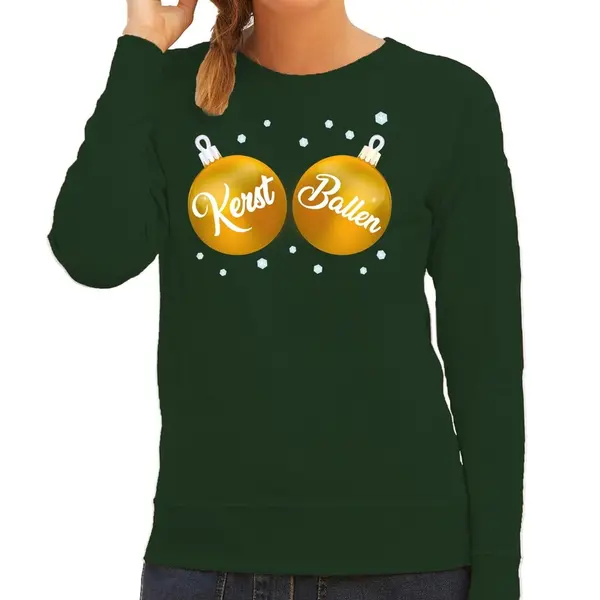 Bellatio Decorations Foute Kersttrui - Sweater - Groen - Met Gouden Kerst Ballen Borsten - Voor Dames - Kerstkleding / Christmas Outfit L thumbnail