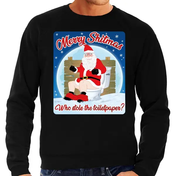 Bellatio Decorations Foute Kersttrui - Sweater - Merry Shitmas - Who Stole The Toiletpaper - Zwart - Voor Heren - Kerstkleding / Kerst Outfit M thumbnail