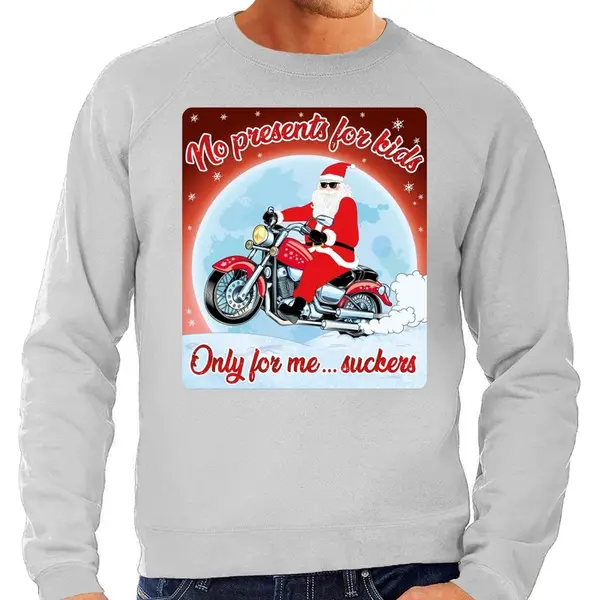 Bellatio Decorations Foute Kersttrui / Sweater - No Presents For Kids Only For Me Suckers - Motorliefhebber / Motorrijder / Motor Fan Grijs Voor Heren - Kerstkleding / thumbnail