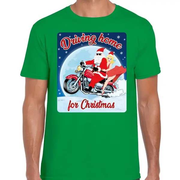 Bellatio Decorations Fout Kerstshirt / T-shirt - Driving Home For Christmas - Motorliefhebber / Motorrijder / Motor Fan Groen Voor Heren - Kerstkleding / Kerst Outfit S thumbnail
