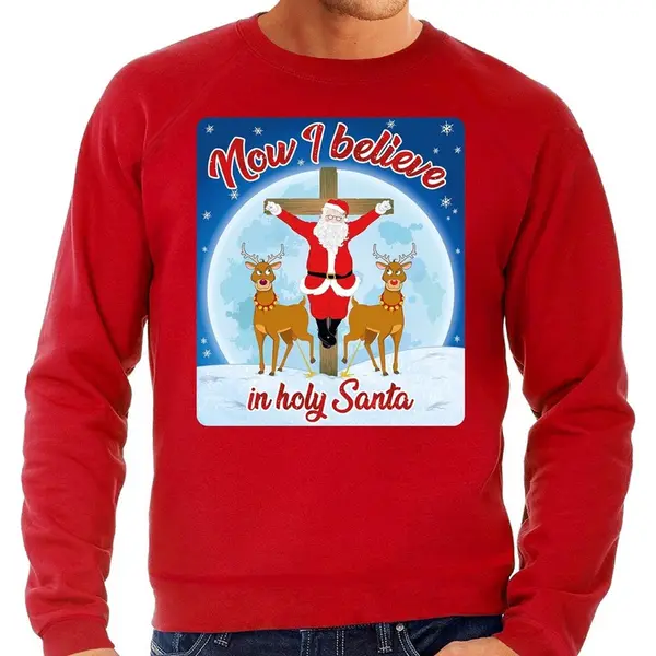 Bellatio Decorations Foute Kersttrui / Sweater - Now I Believe In Holy Santa - Rood Voor Heren - Kerstkleding / Kerst Outfit Xl thumbnail