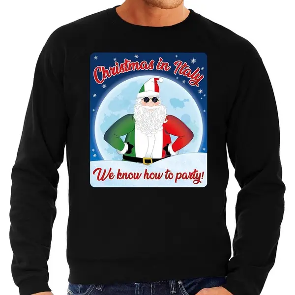 Bellatio Decorations Foute Italie Kersttrui / Sweater - Christmas In Italy We Know How To Party - Zwart Voor Heren - Kerstkleding / Kerst Outfit L thumbnail