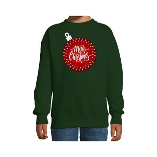 Bellatio Decorations Foute Kersttrui - Sweater - Voor Kinderen - Groen - Kerstbal Merry Christmas - Felle Kleuren - Kerstkleding - Jongens - Meisjes 152/164