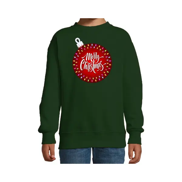 Bellatio Decorations Foute Kersttrui - Sweater - Voor Kinderen - Groen - Kerstbal Merry Christmas - Felle Kleuren - Kerstkleding - Jongens - Meisjes 152/164 thumbnail