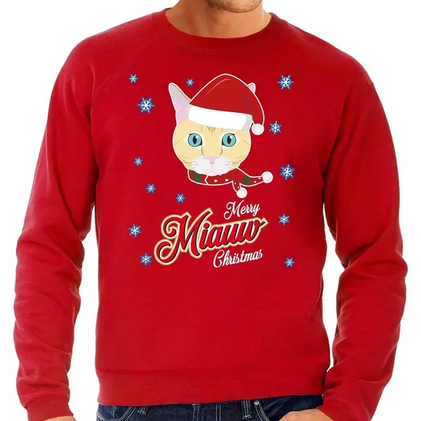 Bellatio Decorations Foute Kersttrui / Sweater - Merry Miauw Christmas - Kat / Poes - Rood Voor Heren - Kerstkleding / Kerst Outfit L thumbnail