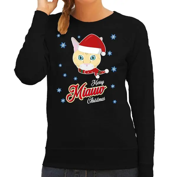 Bellatio Decorations Foute Kersttrui - Sweater - Merry Miauw Christmas - Kat / Poes - Zwart - Voor Dames - Kerstkleding - Kerst Outfit M thumbnail
