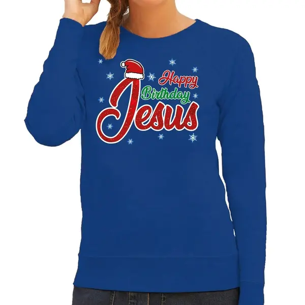 Bellatio Decorations Foute Kersttrui / Sweater - Happy Birthday Jezus - Blauw - Voor Dames - Kerstkleding / Kerst Outfit S thumbnail