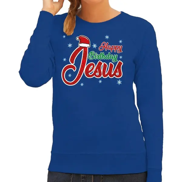Bellatio Decorations Foute Kersttrui / Sweater - Happy Birthday Jezus - Blauw - Voor Dames - Kerstkleding / Kerst Outfit Xl thumbnail