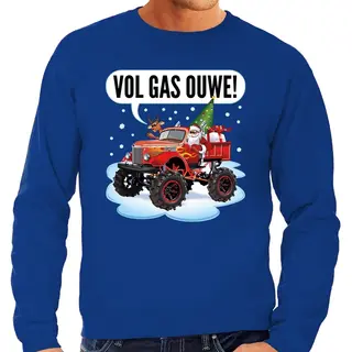 Bellatio Decorations Grote Maten Foute Kersttrui / Sweater - Santa Op Monstertruck / Truck - Vol Gas Ouwe - Blauw - Voor Heren - Kerstkleding / Kerst Outfit Xxxl