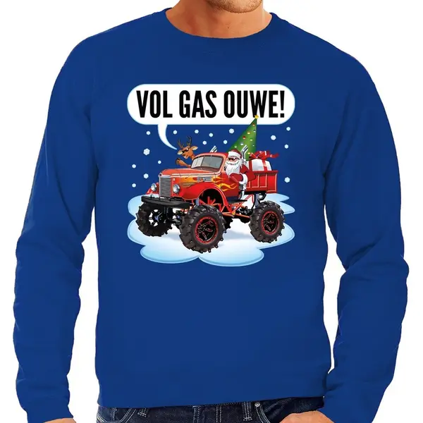 Bellatio Decorations Grote Maten Foute Kersttrui / Sweater - Santa Op Monstertruck / Truck - Vol Gas Ouwe - Blauw - Voor Heren - Kerstkleding / Kerst Outfit Xxxl thumbnail