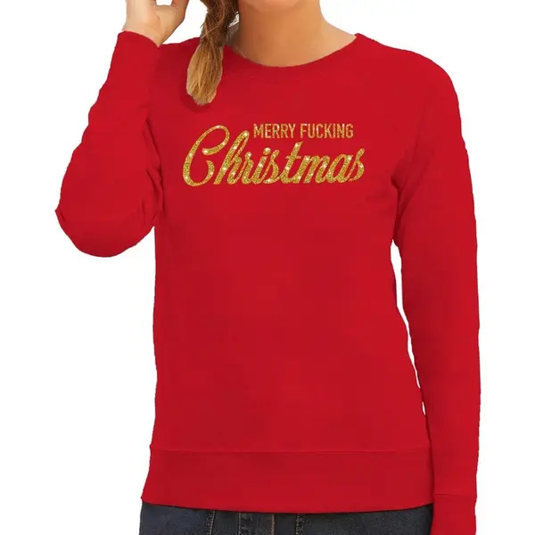 Bellatio Decorations Foute Kersttrui / Sweater - Merry Fucking Christmas - Goud / Glitter - Rood - Dames - Kerstkleding / Kerst Outfit Xs thumbnail
