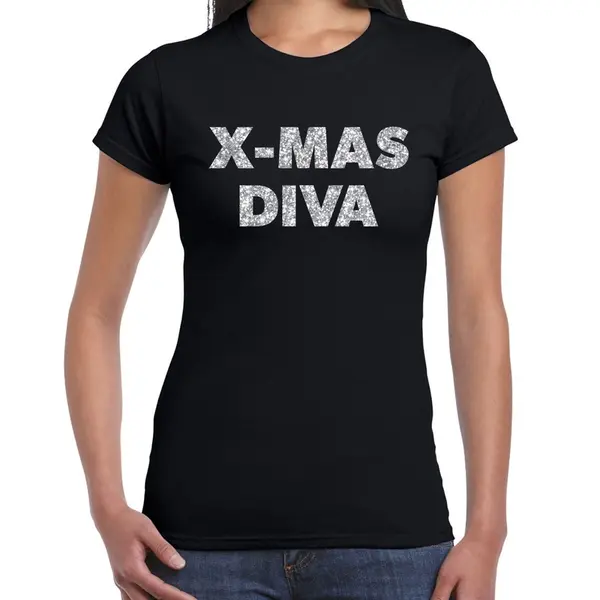 Bellatio Decorations Kerst T-shirt Voor Dames - X-mas Diva - Zwart - Zilveren Glitters - Kerstkleding M thumbnail