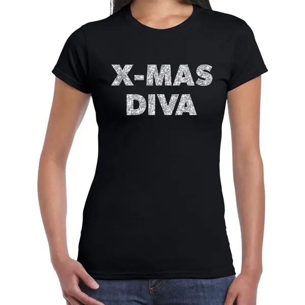 Bellatio Decorations Kerst T-shirt Voor Dames - X-mas Diva - Zwart - Zilveren Glitters - Kerstkleding Xl thumbnail
