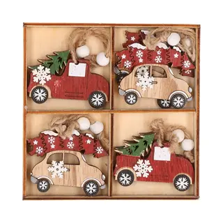 Kersthanger Set - Van 8x Houten Auto Hangers 6 X 5 Cm - Hout - Kerstboomversiering Ornamenten