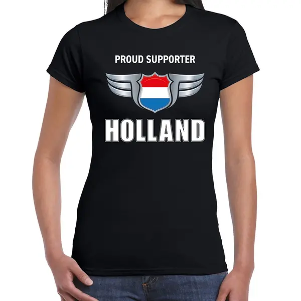 Bellatio Decorations Proud Supporter Holland / Nederland T-shirt Zwart Voor Dames - Landen Supporter Shirt / Kleding - Ek / Wk / Songfestival L thumbnail