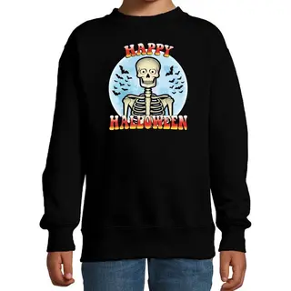 Bellatio Decorations Happy Halloween Skelet - Verkleed Sweater - Zwart - Voor Kinderen - Horror Skelet Trui - Kleding / Kostuum 170/176