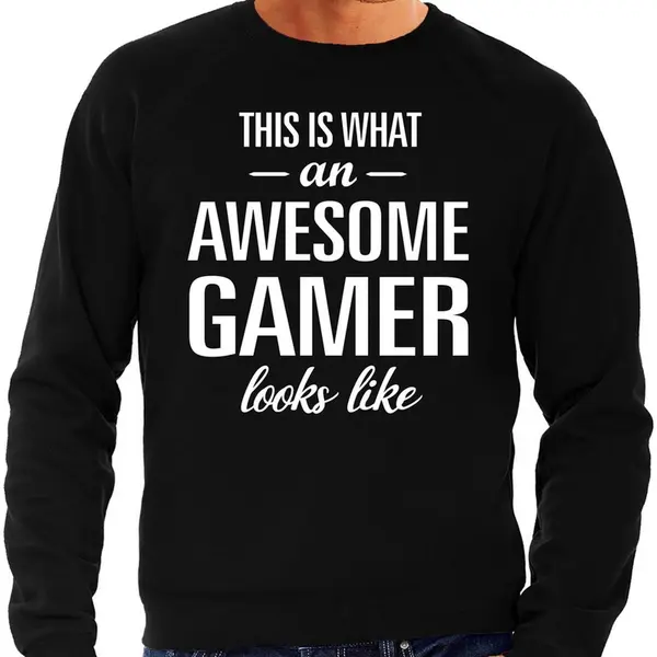 Bellatio Decorations Awesome Gamer - Geweldige Gamers Cadeau Sweater Zwart Heren - Vaderdag Kado Trui L thumbnail