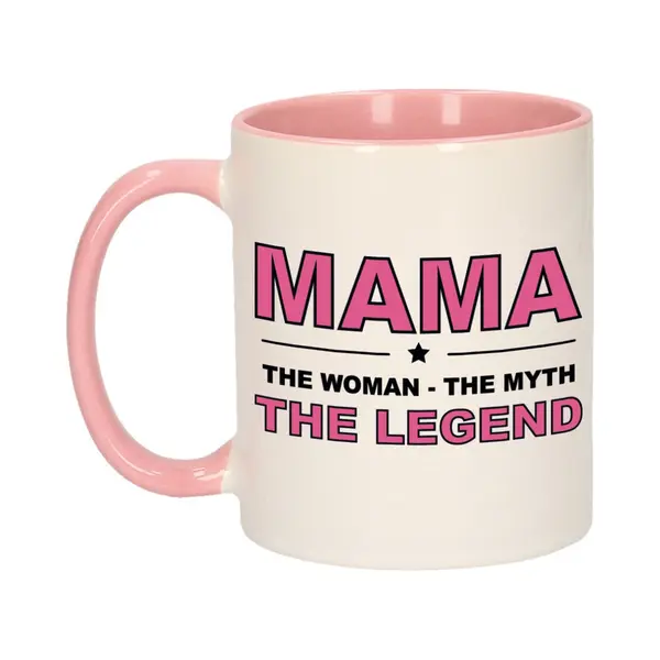 Bellatio Decorations Mama - The Woman The Myth The Legend - Cadeau Koffiemok - Beker - Wit En Roze - 300 Ml - Verjaardag / Moederdag thumbnail