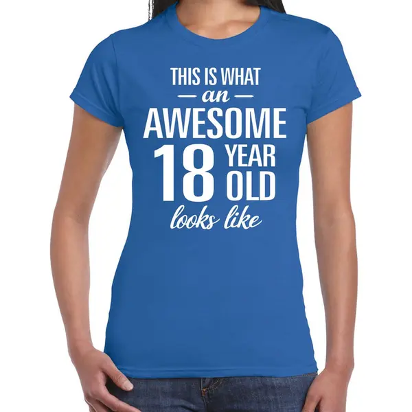 Bellatio Decorations Awesome 18 Year - Geweldige 18 Jaar Cadeau T-shirt Blauw Dames - Verjaardag Cadeau Xl thumbnail
