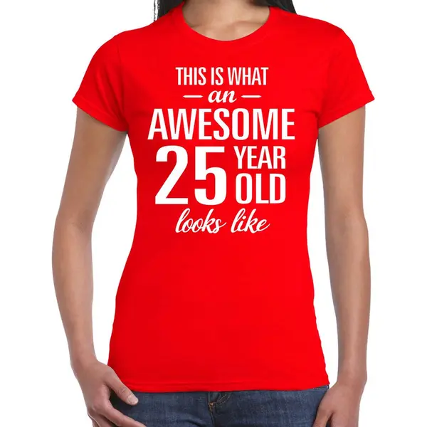 Bellatio Decorations Awesome 25 Year - Geweldige 25 Jaar Cadeau T-shirt Rood Dames - Verjaardag Cadeau Xs thumbnail