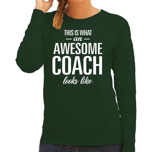 Bellatio Decorations Awesome Coach / Trainer Cadeau Sweater / Trui Groen Met Witte Letters Voor Dames - Bedankje / Verjaardag Cadeau L thumbnail