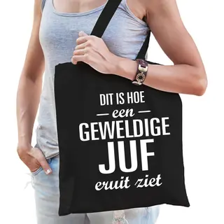 Bellatio Decorations Cadeau Tas - Voor Juf - Zwart - Katoen - Geweldige Juf - Juffendag - Einde Schooljaar - Kado Tas Lerares - Juffrouw Bedankt / Verjaardag / Collega