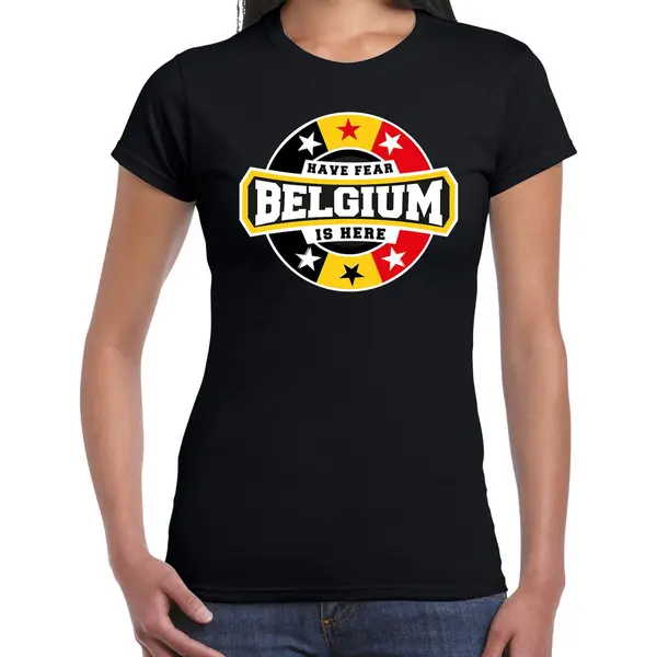 Bellatio Decorations Have Fear Belgium Is Here T-shirt Met Sterren Embleem In De Kleuren Van De Belgische Vlag - Zwart - Dames - Belgie Supporter / Belgisch Elftal Fan thumbnail