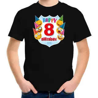 Bellatio Decorations Happy Birthday 8e Verjaardag T-shirt Kind - Unisex - Jongens / Meisjes - 8 Jaar Shirt Met Emoticons Zwart Voor Kinderen 146/152