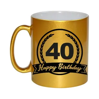 Bellatio Decorations Gouden Happy Birthday 40 Years Cadeau Mok / Beker Met Wimpel - 330 Ml - Keramiek - Verjaardags Koffiemok / Theebeker